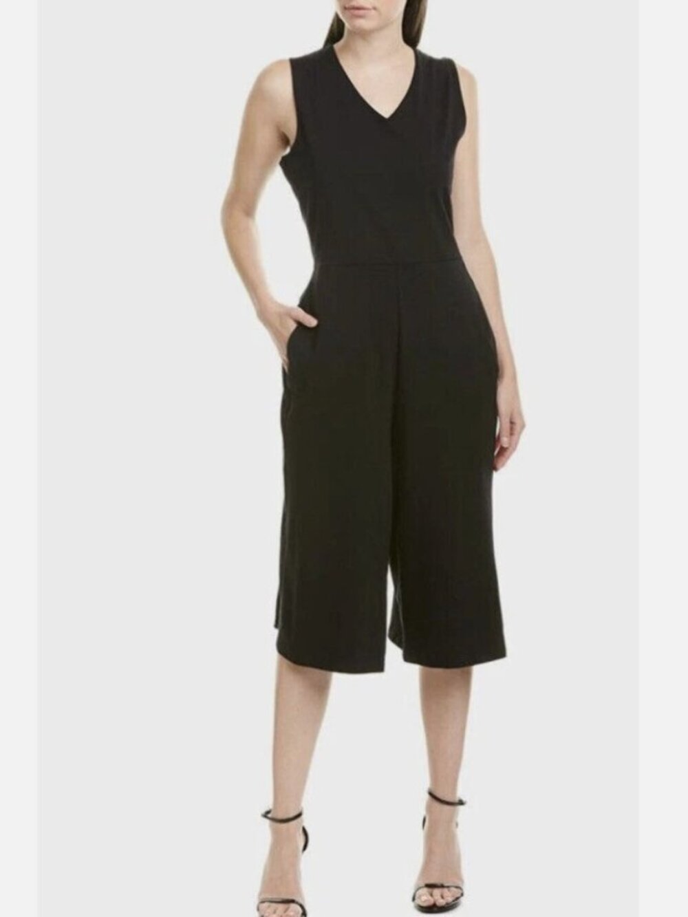 Eileen Fisher V Neck Cotton Stretch Jersey Cropped Jumpsuit Black S